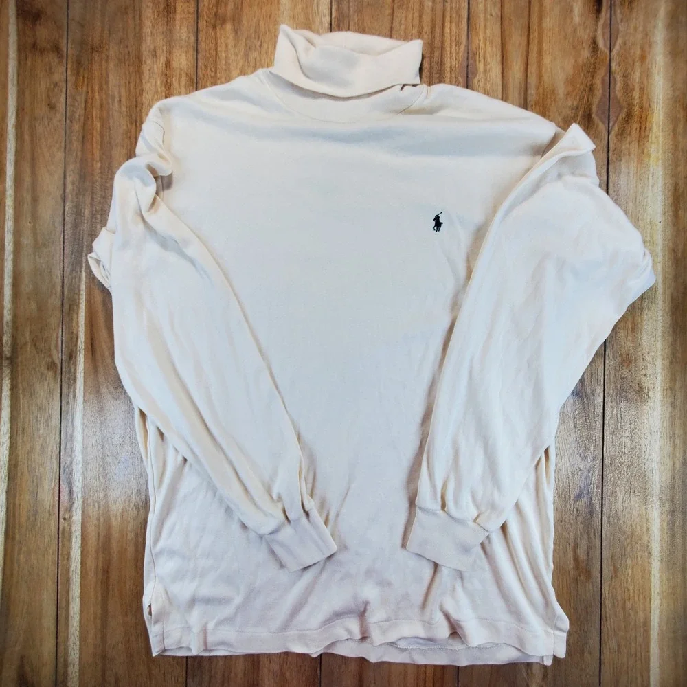 VTG Polo Ralph Lauren Turtleneck Mens Large Cream Cotton Long Sleeve USA Made